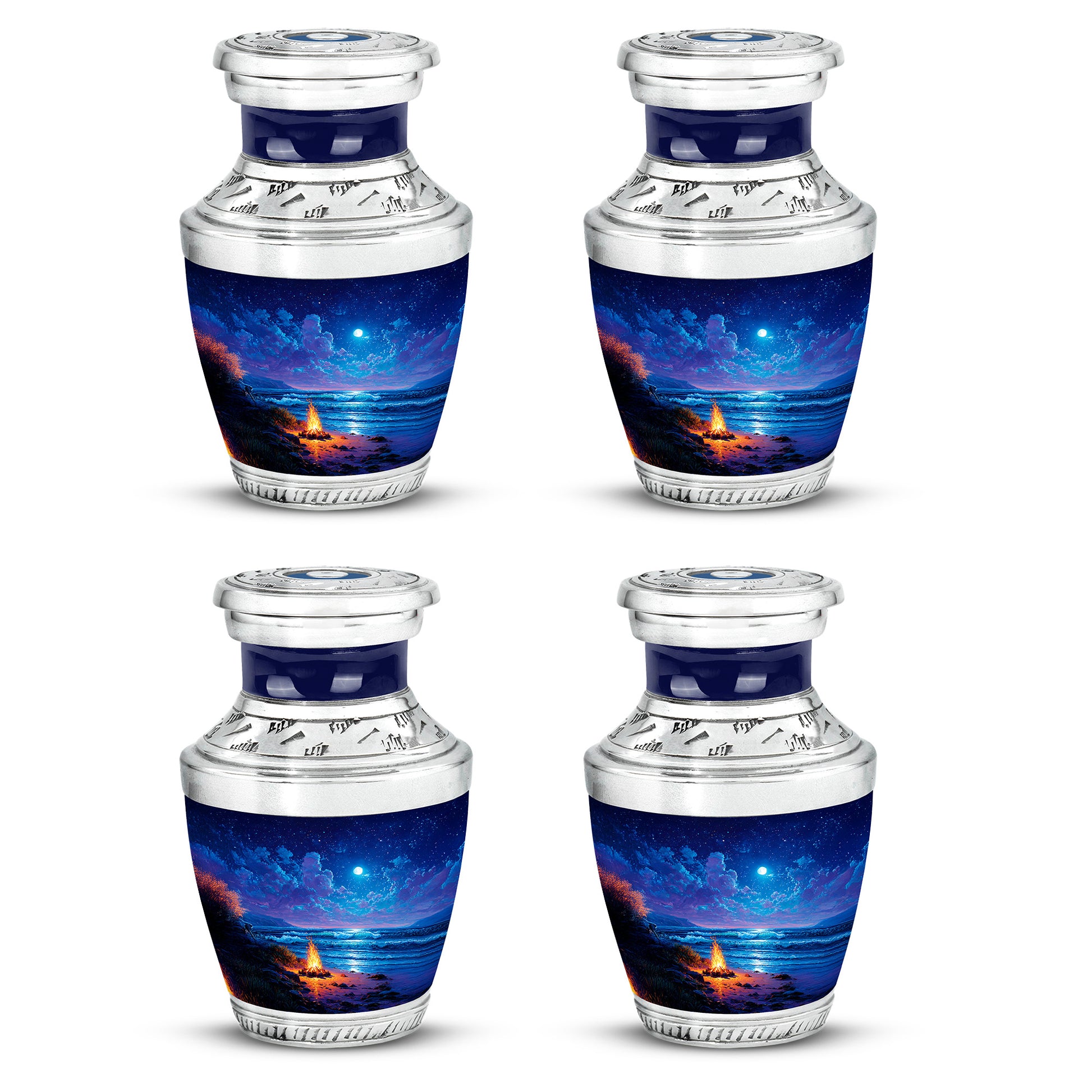 Steel Blue Campfire Cremation Urn back view with polished surface - stylized abstract campfire pattern with bold lines - 10 inch aluminum urn for cremated remains