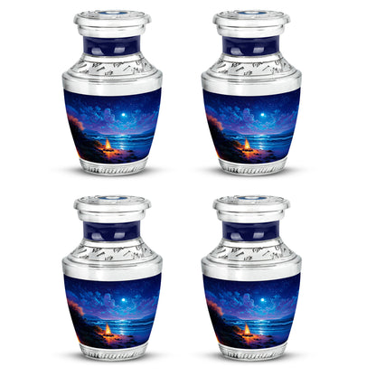 Steel Blue Campfire Cremation Urn back view with polished surface - stylized abstract campfire pattern with bold lines - 10 inch aluminum urn for cremated remains