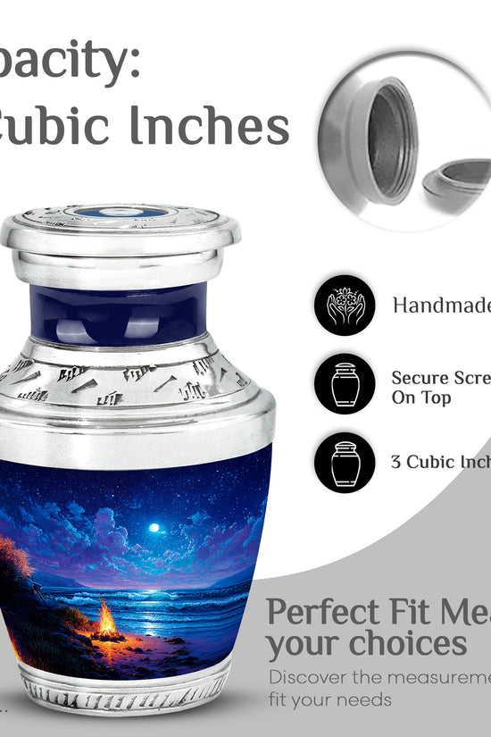 Sapphire Blue Campfire Cremation Urn top-down view of secure threaded lid - stylized abstract campfire pattern with bold lines - mini keepsake memorial for portion of cremation ashes
