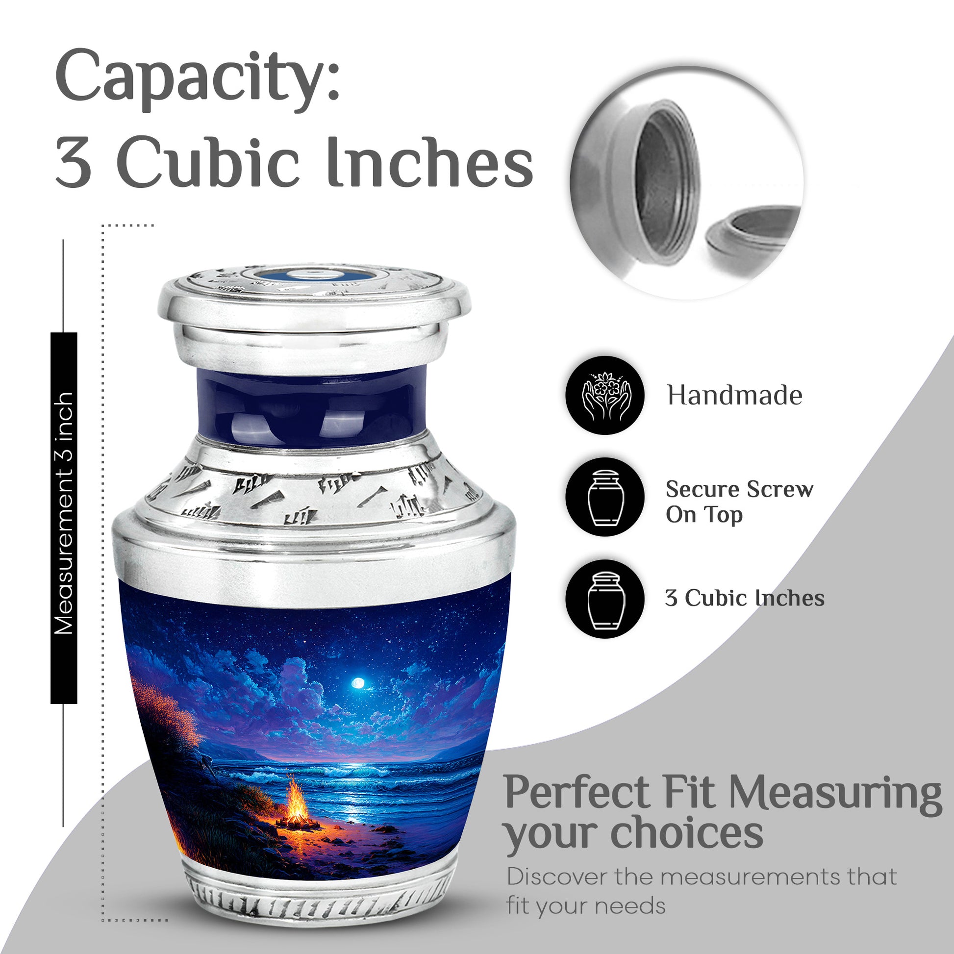 Sapphire Blue Campfire Cremation Urn top-down view of secure threaded lid - stylized abstract campfire pattern with bold lines - mini keepsake memorial for portion of cremation ashes