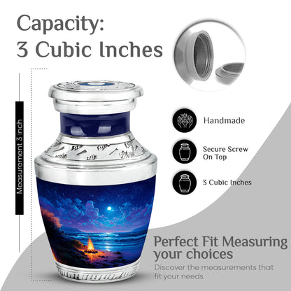 Sapphire Blue Campfire Cremation Urn top-down view of secure threaded lid - stylized abstract campfire pattern with bold lines - mini keepsake memorial for portion of cremation ashes