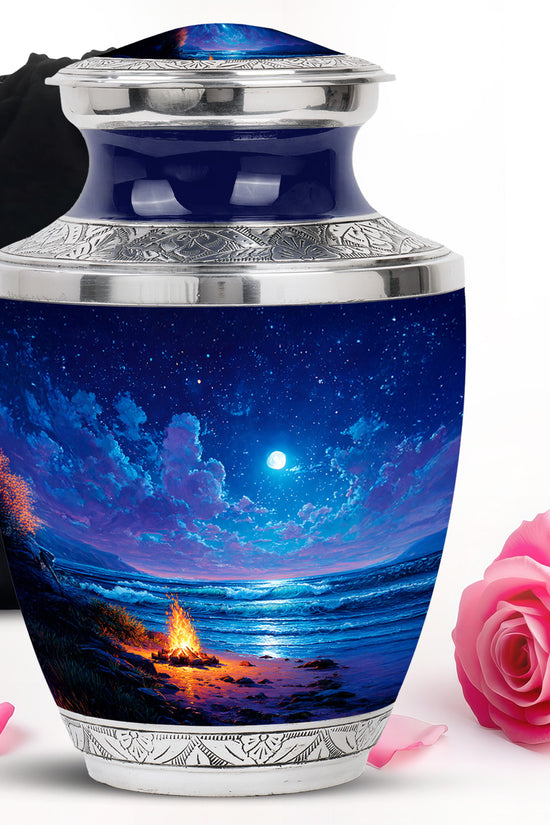 Calming Blue Campfire Cremation Urn side profile showing urn shape - stylized abstract campfire pattern with bold lines - full-size 10 inch 200 cubic inch adult cremation urn