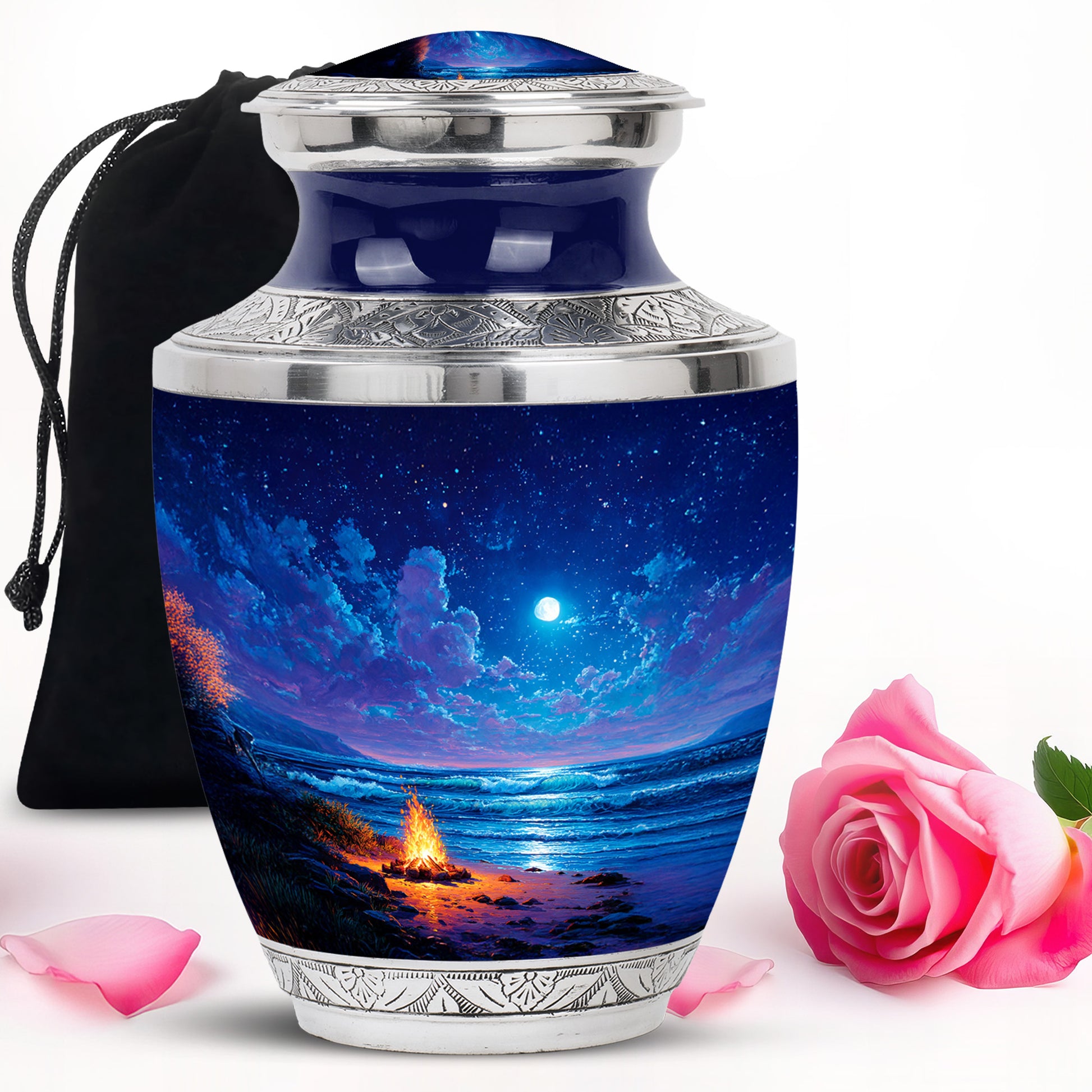 Calming Blue Campfire Cremation Urn side profile showing urn shape - stylized abstract campfire pattern with bold lines - full-size 10 inch 200 cubic inch adult cremation urn