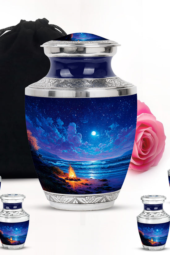 Pastel Blue Campfire Cremation Urn lifestyle display on memorial shelf - contemporary campfire design with modern artistic flair - memorial set with one large and four small urns