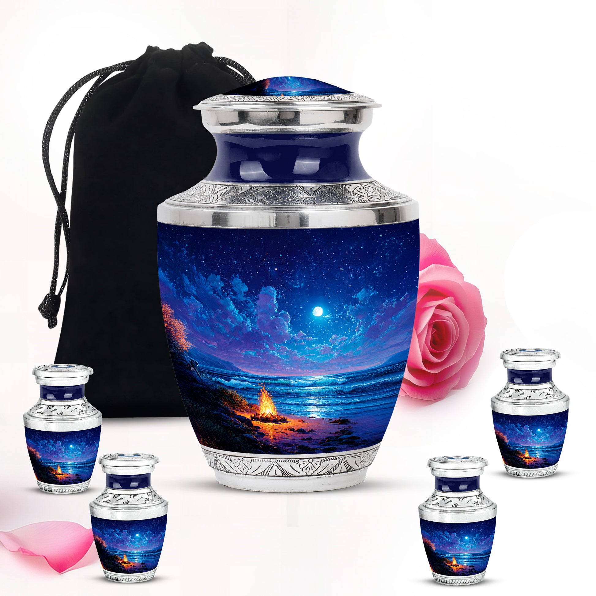 Pastel Blue Campfire Cremation Urn lifestyle display on memorial shelf - contemporary campfire design with modern artistic flair - memorial set with one large and four small urns