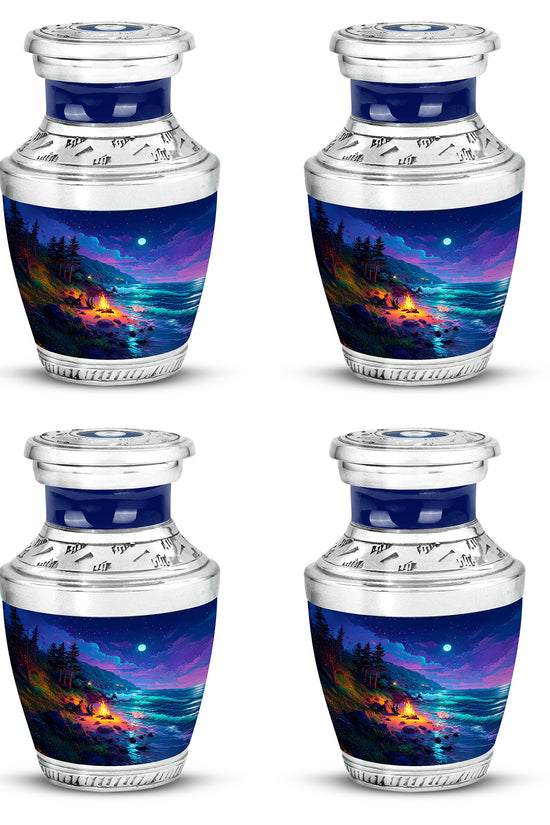 Cornflower Blue Campfire Cremation Urn back view with polished surface - stylized abstract campfire pattern with bold lines - 10 inch aluminum urn for cremated remains
