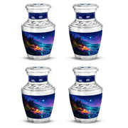 Cornflower Blue Campfire Cremation Urn back view with polished surface - stylized abstract campfire pattern with bold lines - 10 inch aluminum urn for cremated remains