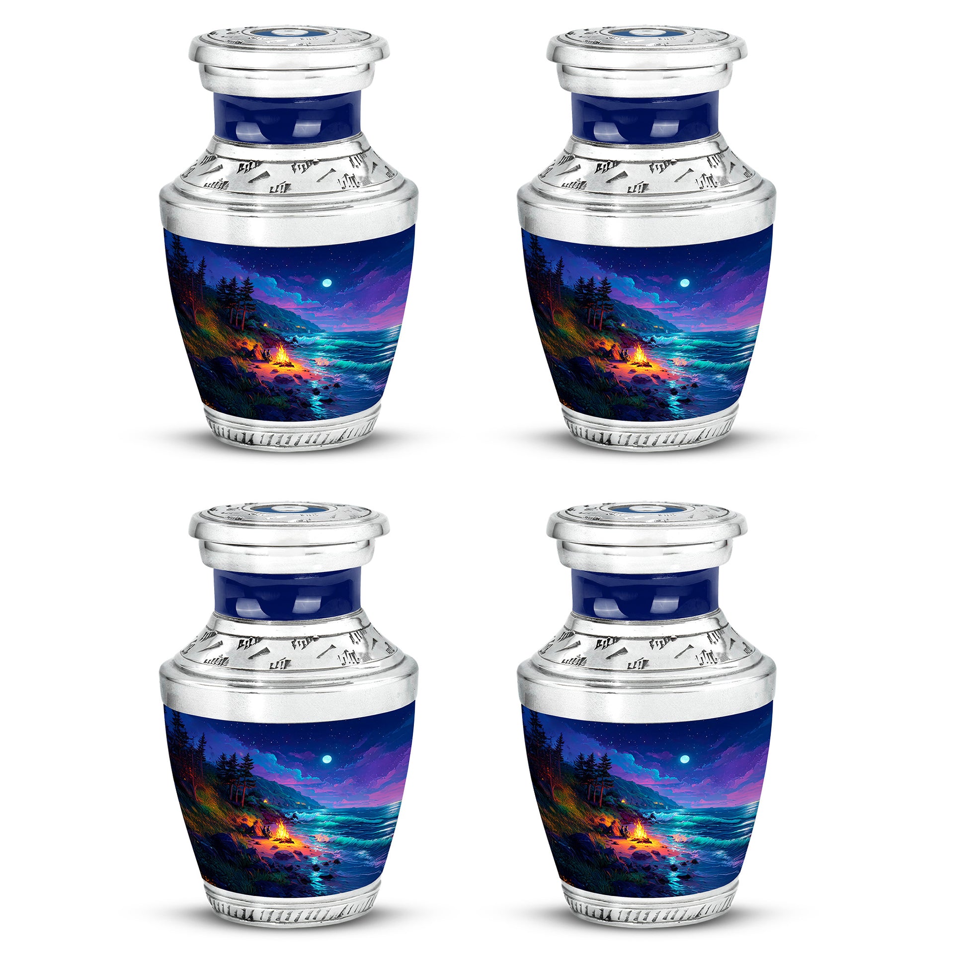 Cornflower Blue Campfire Cremation Urn back view with polished surface - stylized abstract campfire pattern with bold lines - 10 inch aluminum urn for cremated remains