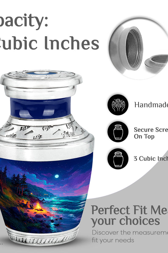 Soft Blue Campfire Cremation Urn top-down view of secure threaded lid - artistic campfire interpretation with creative detail - mini keepsake memorial for portion of cremation ashes