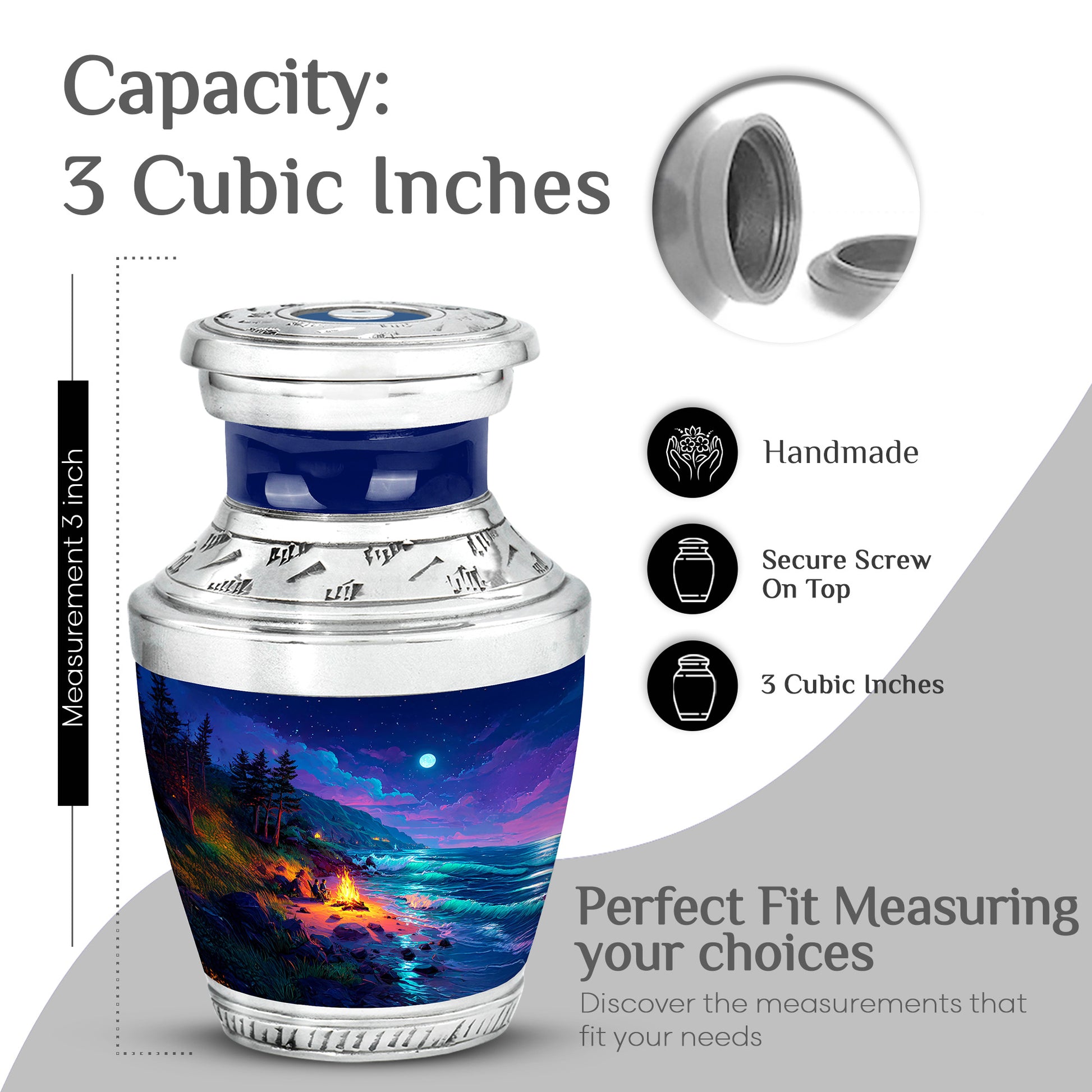 Soft Blue Campfire Cremation Urn top-down view of secure threaded lid - artistic campfire interpretation with creative detail - mini keepsake memorial for portion of cremation ashes