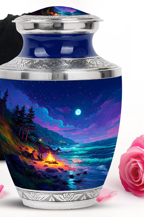 Bright Blue Campfire Cremation Urn side profile showing urn shape - artistic campfire interpretation with creative detail - full-size 10 inch 200 cubic inch adult cremation urn