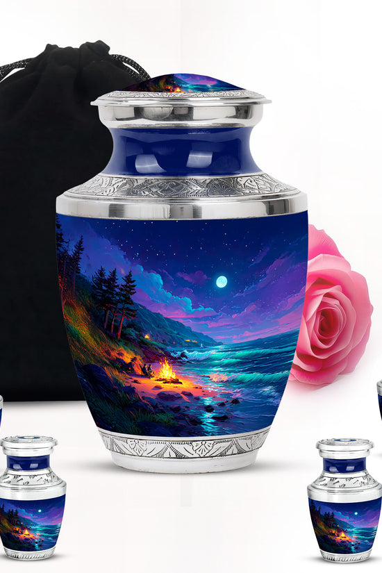 Sky Blue Campfire Cremation Urn lifestyle display on memorial shelf - contemporary campfire design with modern artistic flair - memorial set with one large and four small urns