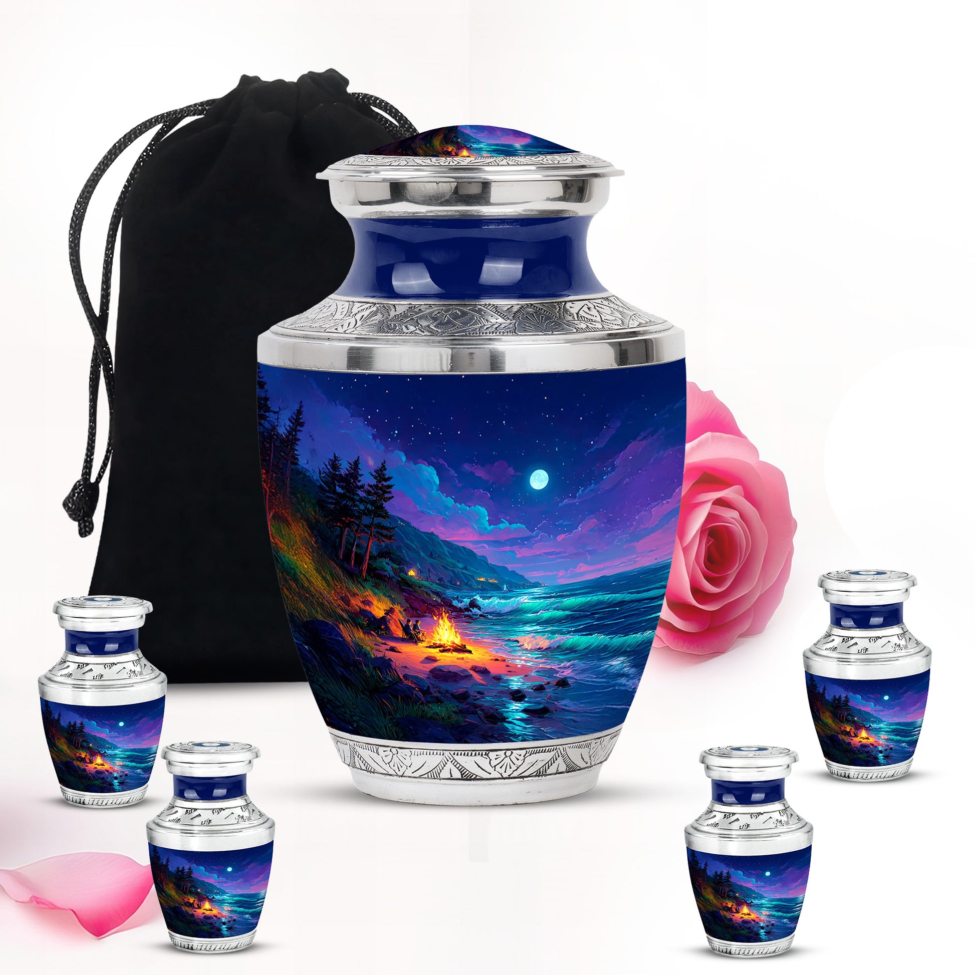 Sky Blue Campfire Cremation Urn lifestyle display on memorial shelf - contemporary campfire design with modern artistic flair - memorial set with one large and four small urns