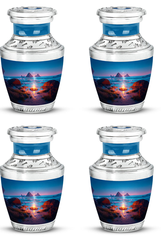 Pastel Blue Campfire Cremation Urn back view with polished surface - contemporary campfire design with modern artistic flair - 10 inch aluminum urn for cremated remains