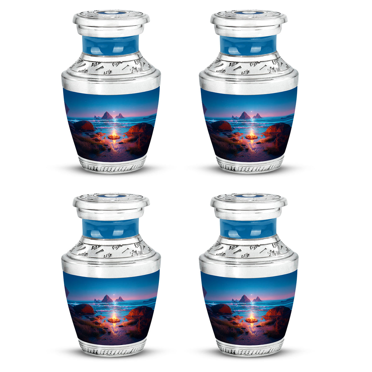 Pastel Blue Campfire Cremation Urn back view with polished surface - contemporary campfire design with modern artistic flair - 10 inch aluminum urn for cremated remains