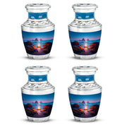 Pastel Blue Campfire Cremation Urn back view with polished surface - contemporary campfire design with modern artistic flair - 10 inch aluminum urn for cremated remains
