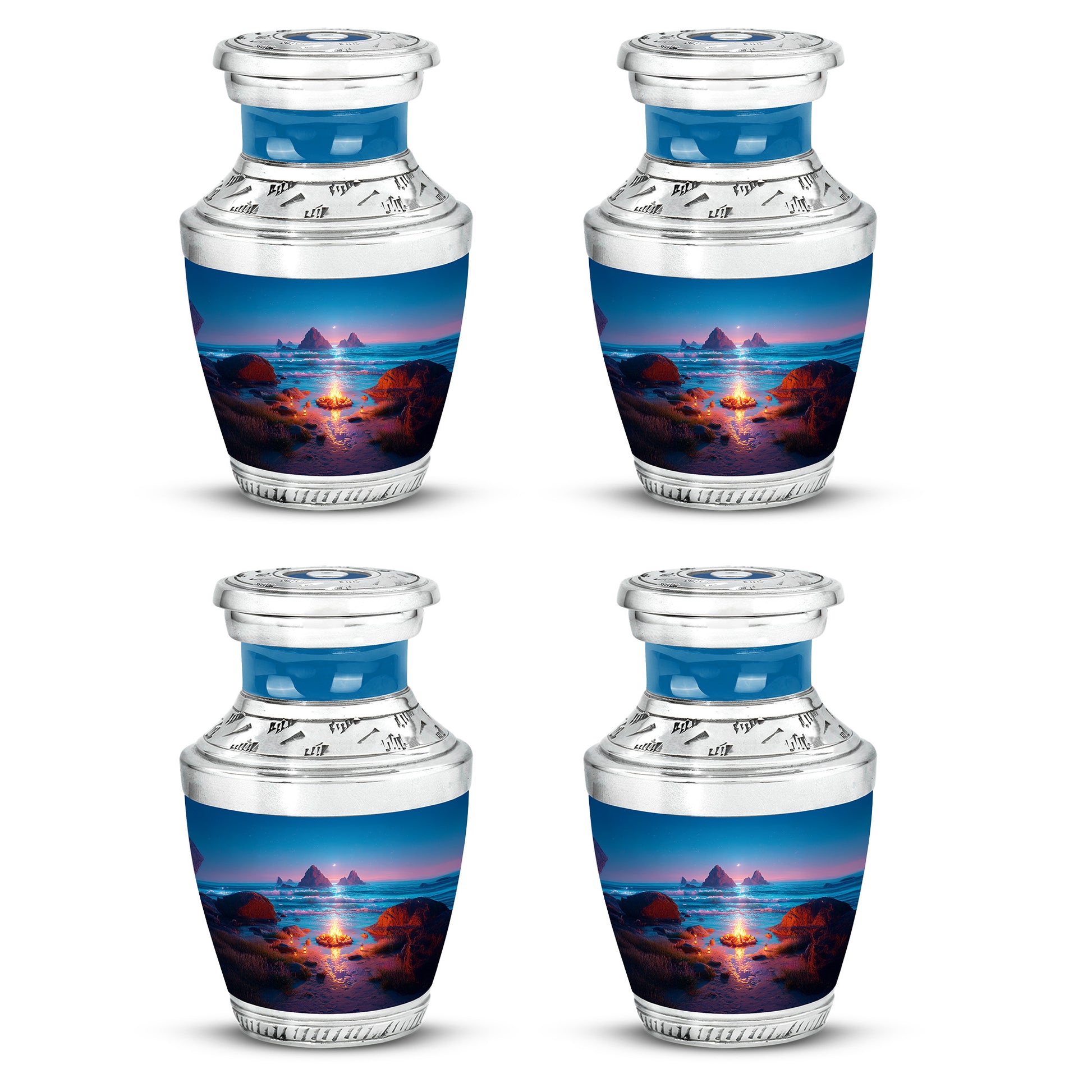 Pastel Blue Campfire Cremation Urn back view with polished surface - contemporary campfire design with modern artistic flair - 10 inch aluminum urn for cremated remains
