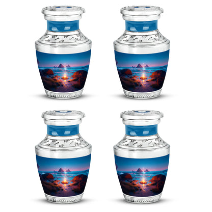 Pastel Blue Campfire Cremation Urn back view with polished surface - contemporary campfire design with modern artistic flair - 10 inch aluminum urn for cremated remains