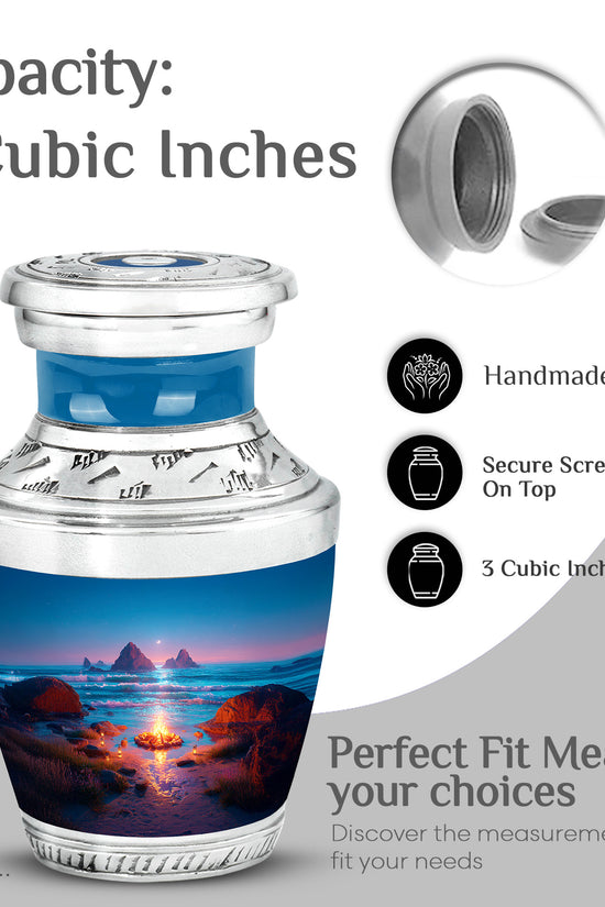 Vivid Blue Campfire Cremation Urn top-down view of secure threaded lid - artistic campfire interpretation with creative detail - mini keepsake memorial for portion of cremation ashes