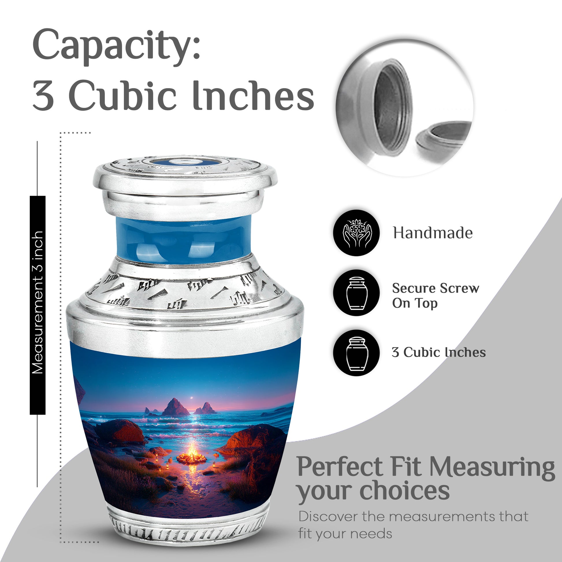 Vivid Blue Campfire Cremation Urn top-down view of secure threaded lid - artistic campfire interpretation with creative detail - mini keepsake memorial for portion of cremation ashes