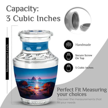 Vivid Blue Campfire Cremation Urn top-down view of secure threaded lid - artistic campfire interpretation with creative detail - mini keepsake memorial for portion of cremation ashes