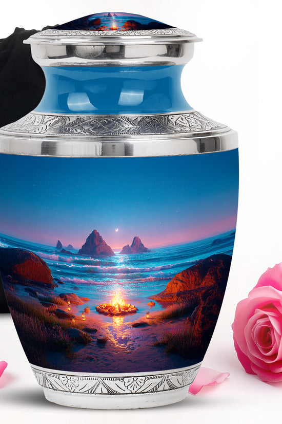 Steel Blue Campfire Cremation Urn side profile showing urn shape - stylized abstract campfire pattern with bold lines - full-size 10 inch 200 cubic inch adult cremation urn