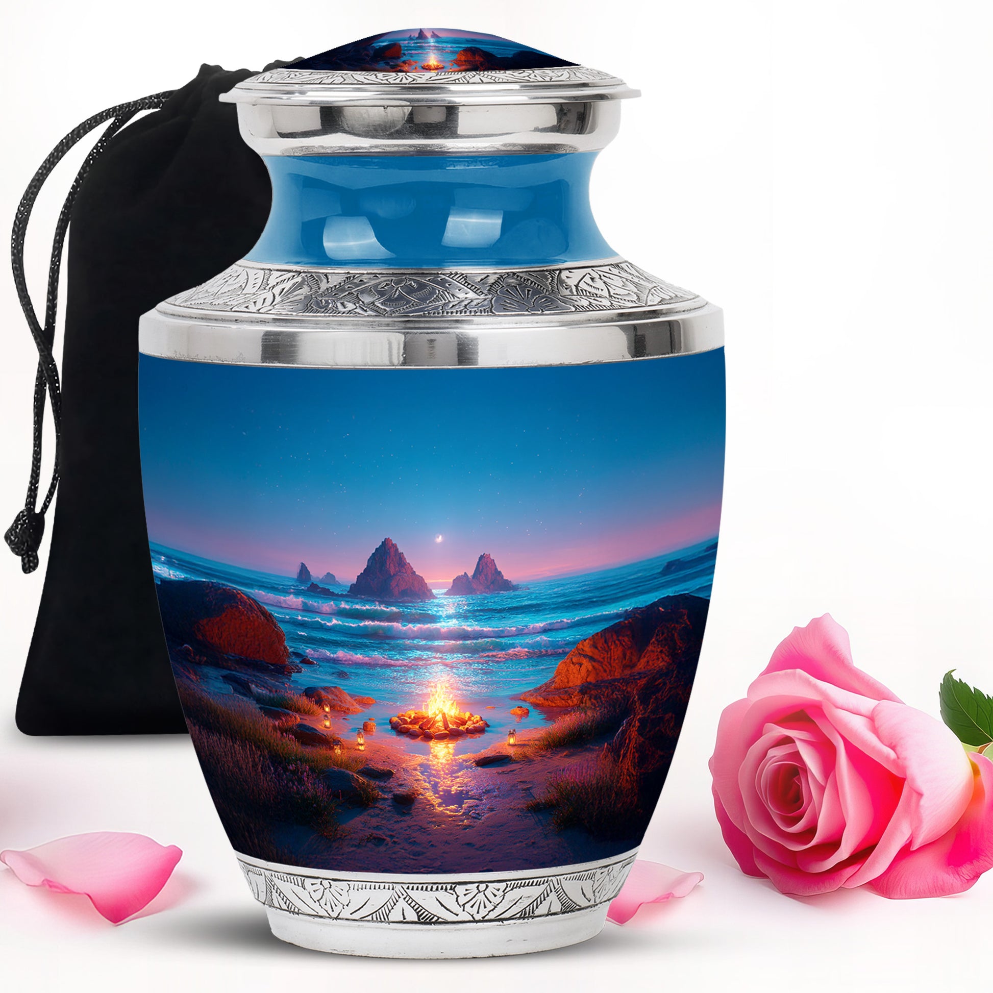 Steel Blue Campfire Cremation Urn side profile showing urn shape - stylized abstract campfire pattern with bold lines - full-size 10 inch 200 cubic inch adult cremation urn