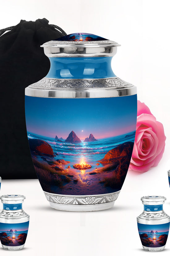Royal Blue Campfire Cremation Urn lifestyle display on memorial shelf - artistic campfire interpretation with creative detail - memorial set with one large and four small urns
