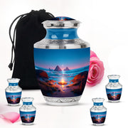 Royal Blue Campfire Cremation Urn lifestyle display on memorial shelf - artistic campfire interpretation with creative detail - memorial set with one large and four small urns