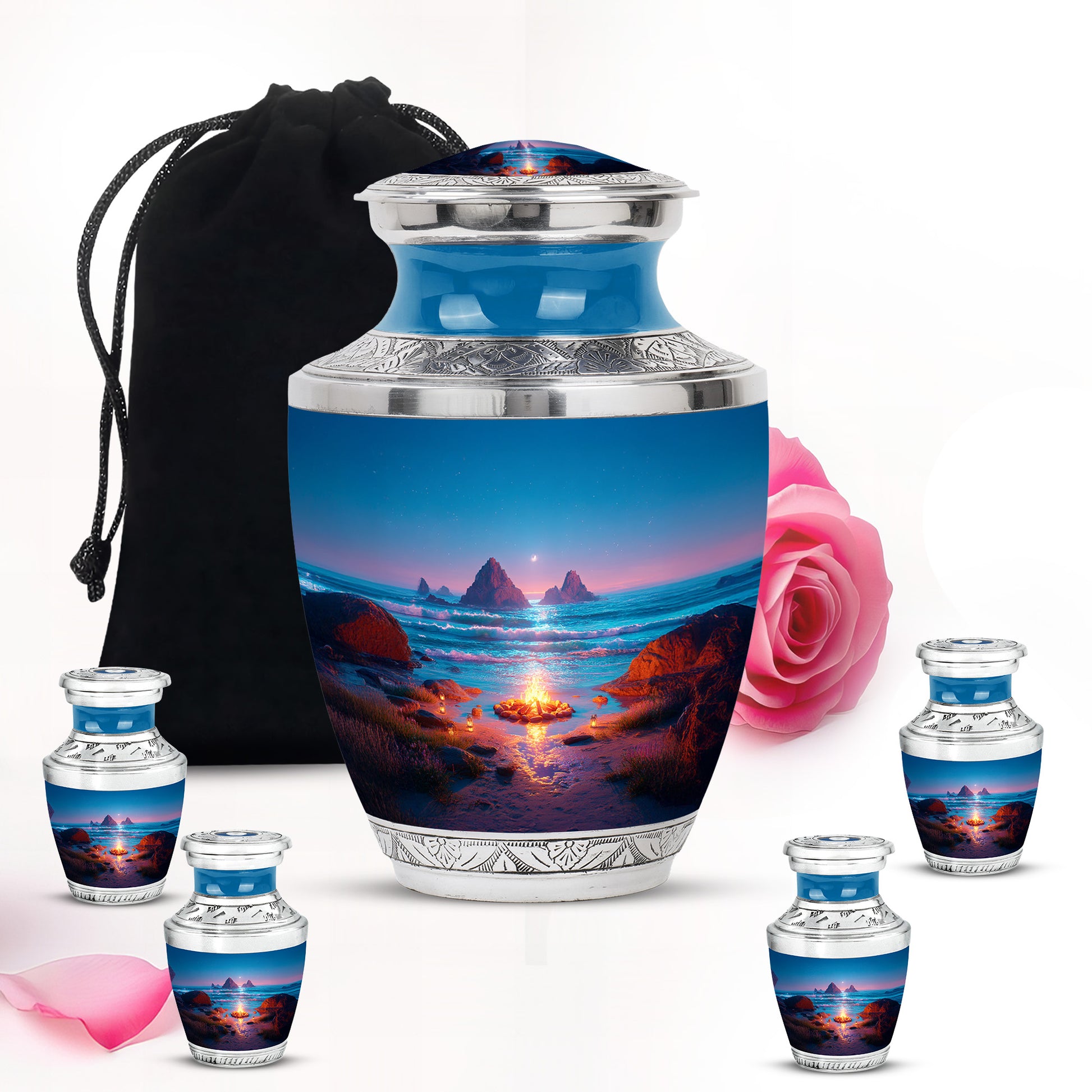 Royal Blue Campfire Cremation Urn lifestyle display on memorial shelf - artistic campfire interpretation with creative detail - memorial set with one large and four small urns
