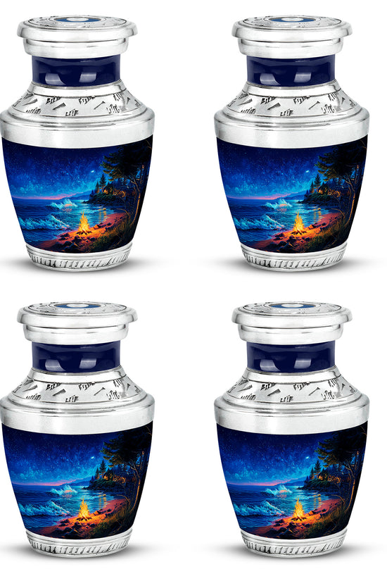 Azure Campfire Cremation Urn back view with polished surface - contemporary campfire design with modern artistic flair - 10 inch aluminum urn for cremated remains