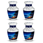 Azure Campfire Cremation Urn back view with polished surface - contemporary campfire design with modern artistic flair - 10 inch aluminum urn for cremated remains
