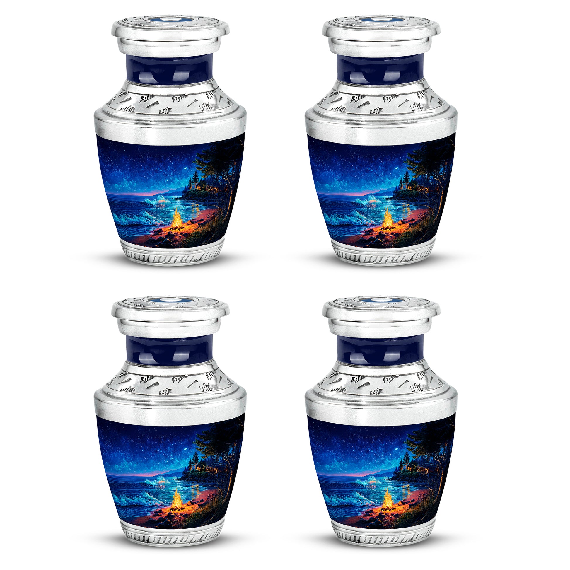 Azure Campfire Cremation Urn back view with polished surface - contemporary campfire design with modern artistic flair - 10 inch aluminum urn for cremated remains
