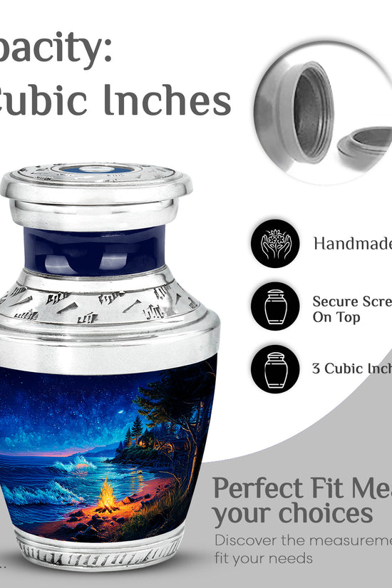Cobalt Blue Campfire Cremation Urn top-down view of secure threaded lid - artistic campfire interpretation with creative detail - mini keepsake memorial for portion of cremation ashes