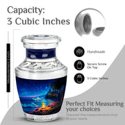 Cobalt Blue Campfire Cremation Urn top-down view of secure threaded lid - artistic campfire interpretation with creative detail - mini keepsake memorial for portion of cremation ashes