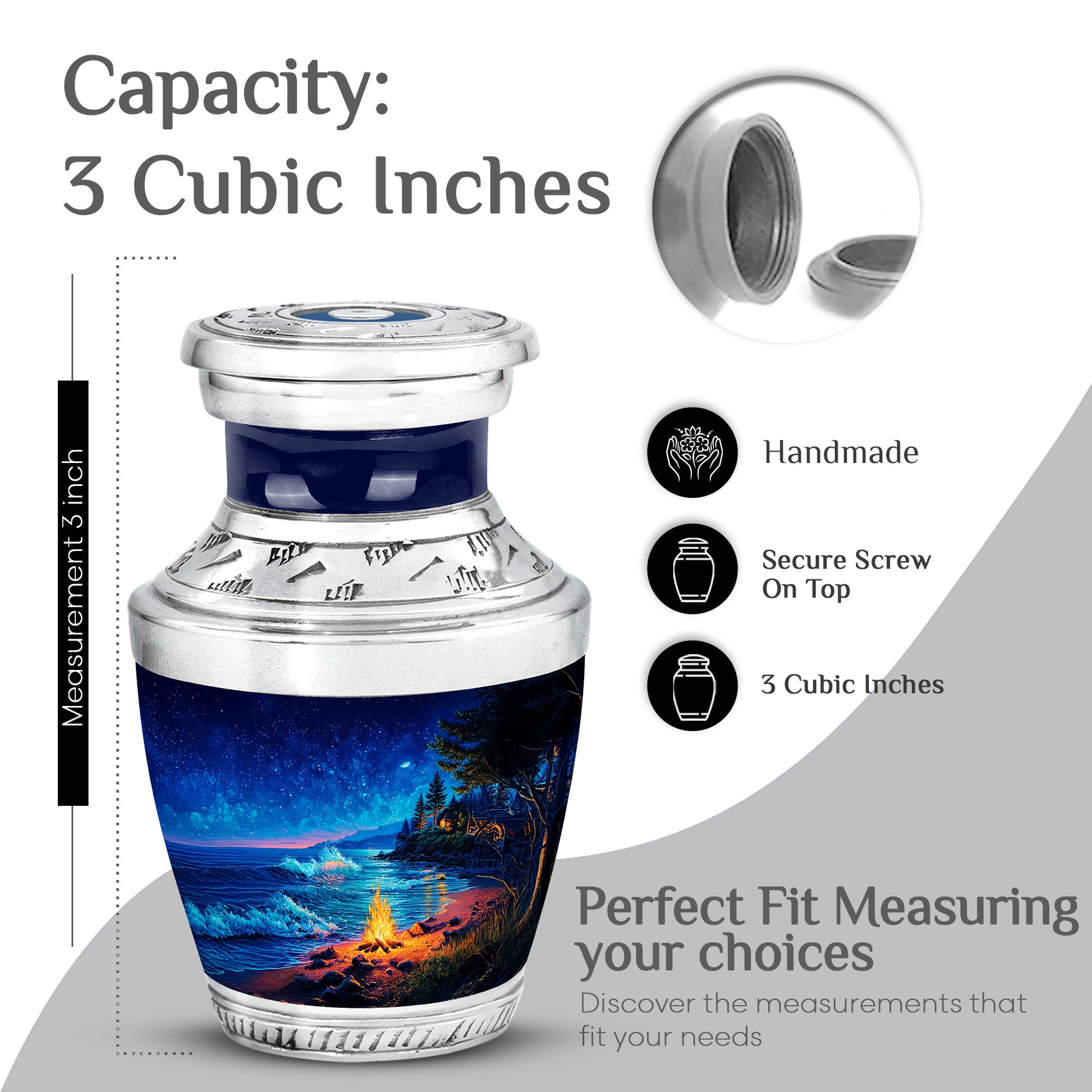 Cobalt Blue Campfire Cremation Urn top-down view of secure threaded lid - artistic campfire interpretation with creative detail - mini keepsake memorial for portion of cremation ashes