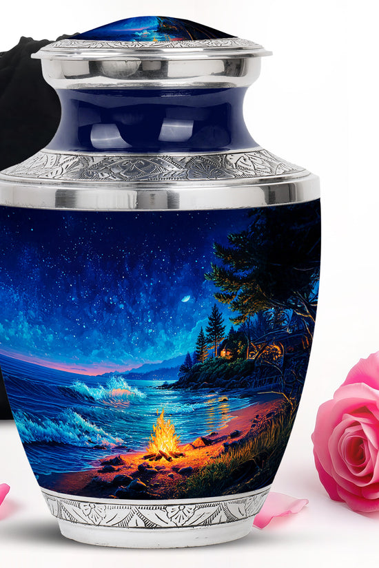 Dusty Blue Campfire Cremation Urn side profile showing urn shape - modern art-inspired campfire motif on sleek aluminum - full-size 10 inch 200 cubic inch adult cremation urn