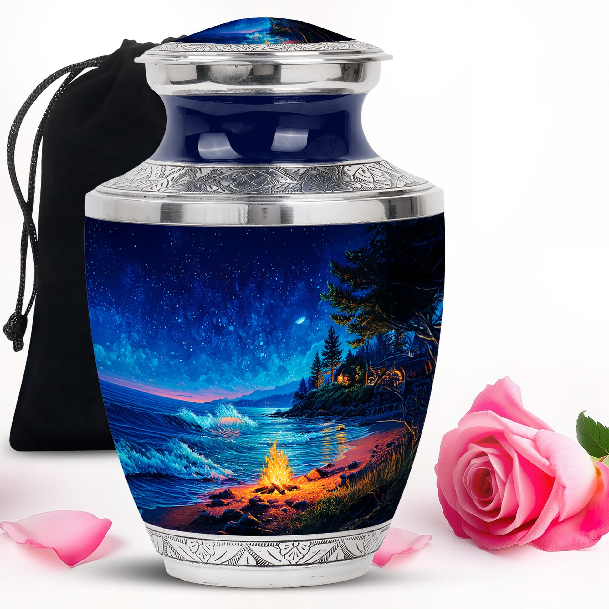 Dusty Blue Campfire Cremation Urn side profile showing urn shape - modern art-inspired campfire motif on sleek aluminum - full-size 10 inch 200 cubic inch adult cremation urn
