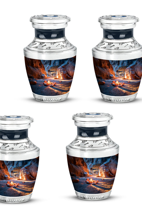 Dusty Blue Campfire Cremation Urn back view with polished surface - modern art-inspired campfire motif on sleek aluminum - 10 inch aluminum urn for cremated remains