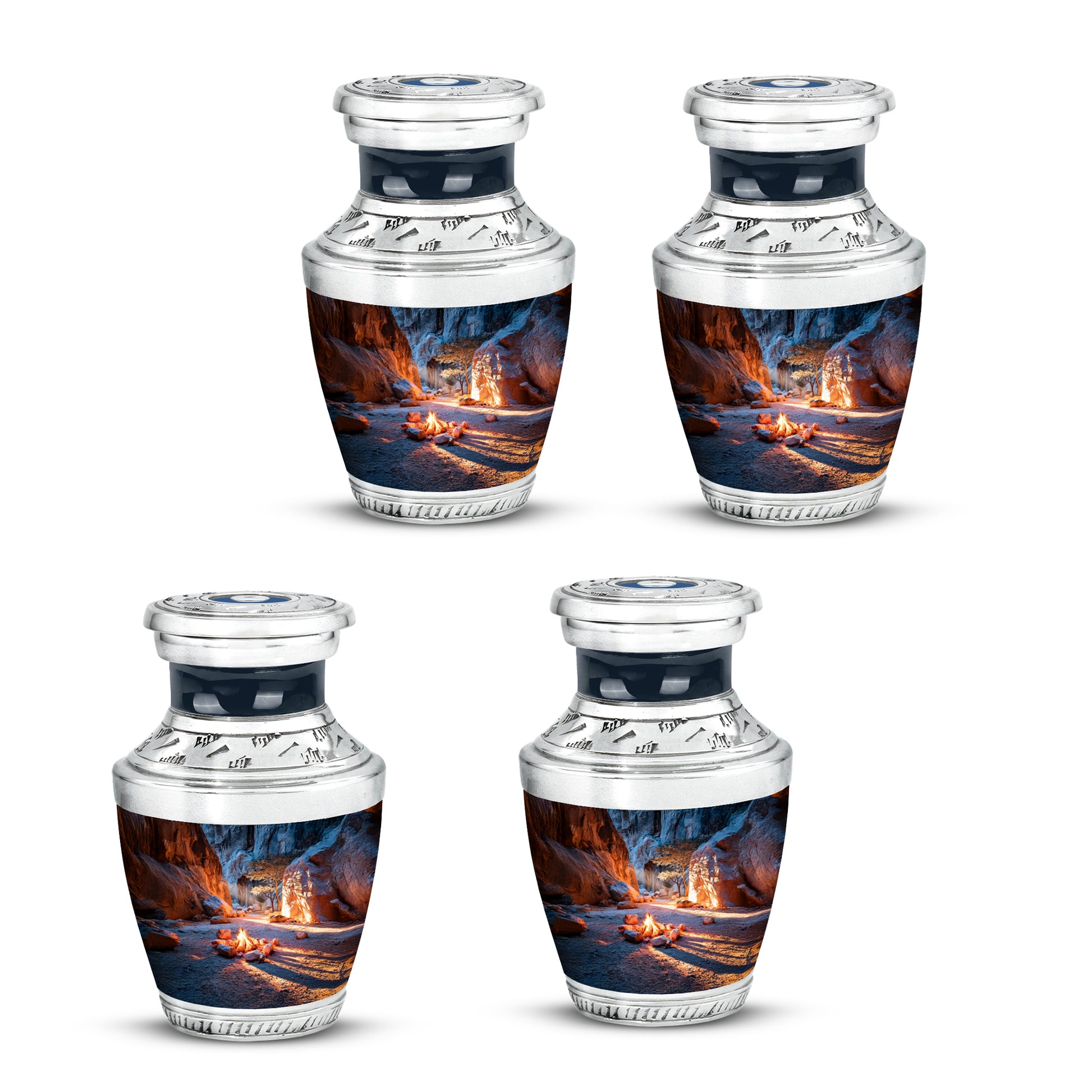 Dusty Blue Campfire Cremation Urn back view with polished surface - modern art-inspired campfire motif on sleek aluminum - 10 inch aluminum urn for cremated remains