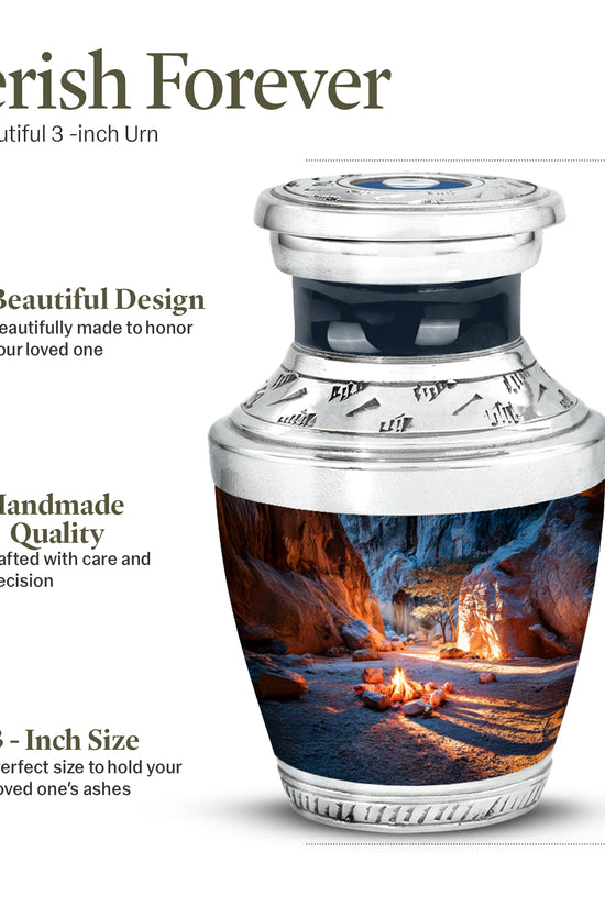 Bright Blue Campfire Cremation Urn top-down view of secure threaded lid - artistic campfire interpretation with creative detail - mini keepsake memorial for portion of cremation ashes