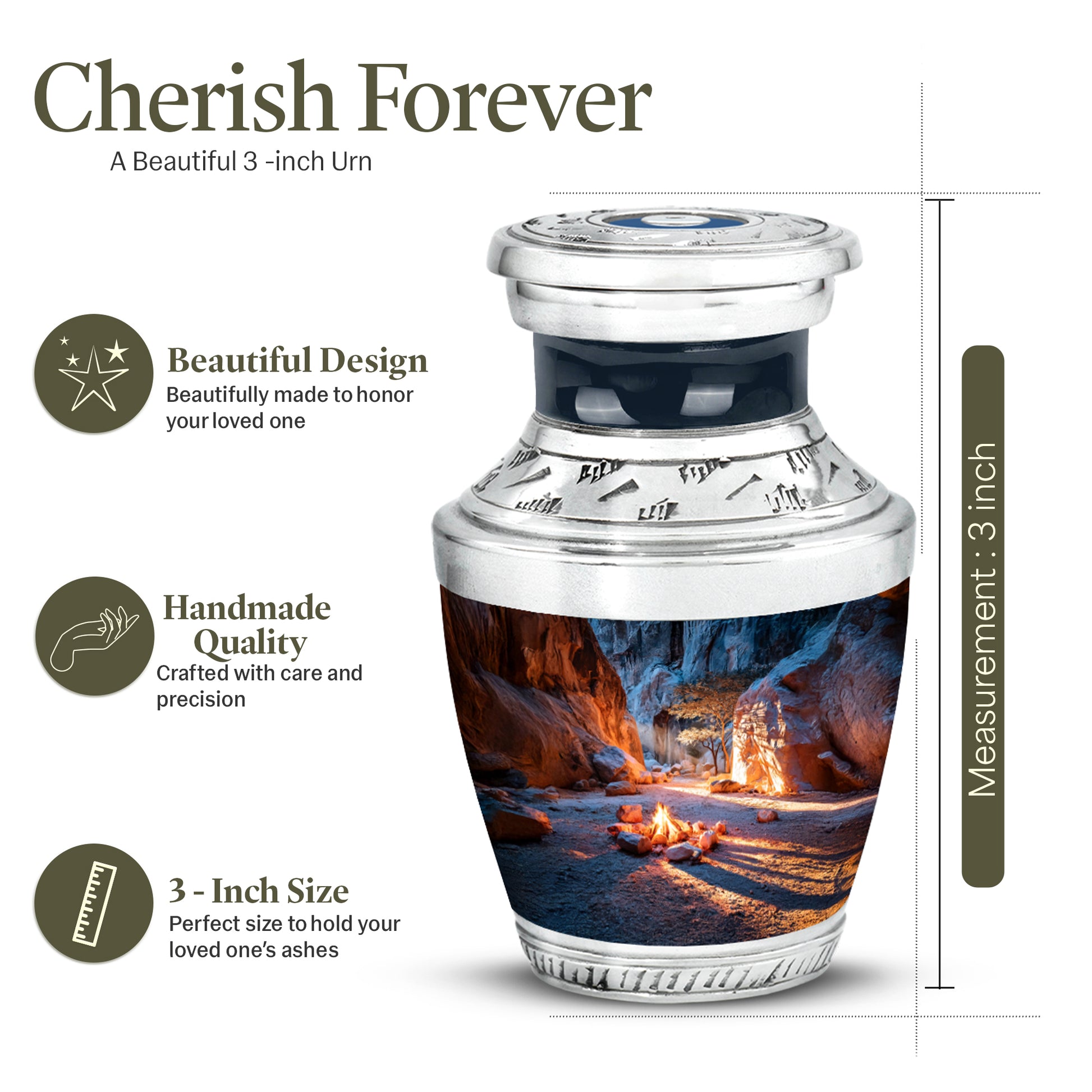 Bright Blue Campfire Cremation Urn top-down view of secure threaded lid - artistic campfire interpretation with creative detail - mini keepsake memorial for portion of cremation ashes