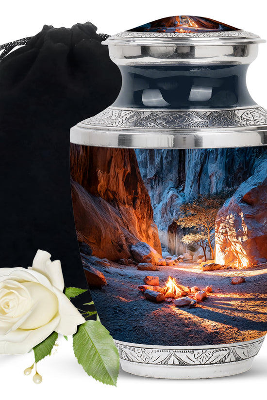Indigo Campfire Cremation Urn side profile showing urn shape - modern art-inspired campfire motif on sleek aluminum - full-size 10 inch 200 cubic inch adult cremation urn