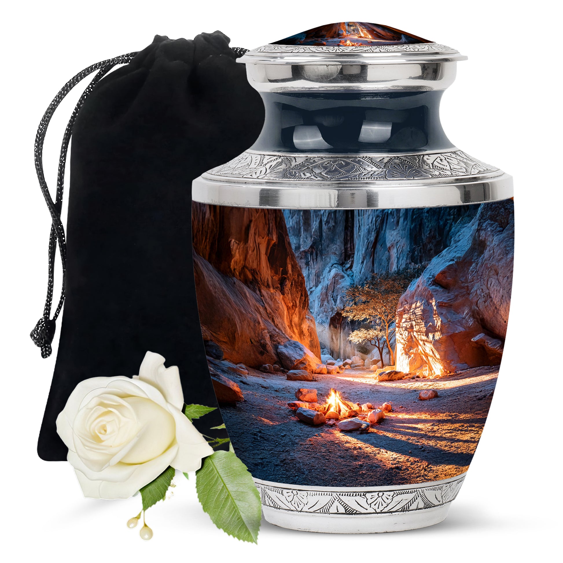 Indigo Campfire Cremation Urn side profile showing urn shape - modern art-inspired campfire motif on sleek aluminum - full-size 10 inch 200 cubic inch adult cremation urn