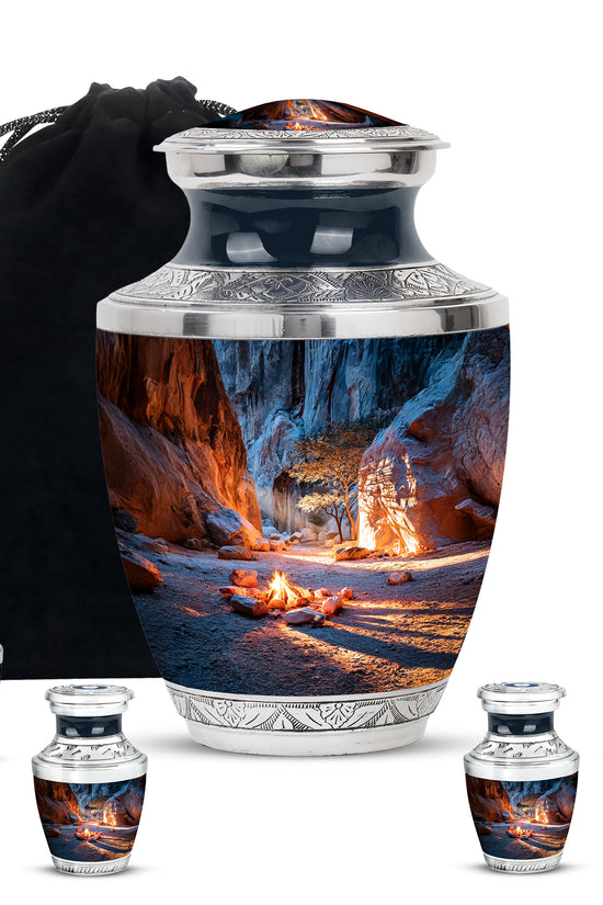 Azure Campfire Cremation Urn lifestyle display on memorial shelf - contemporary campfire design with modern artistic flair - memorial set with one large and four small urns