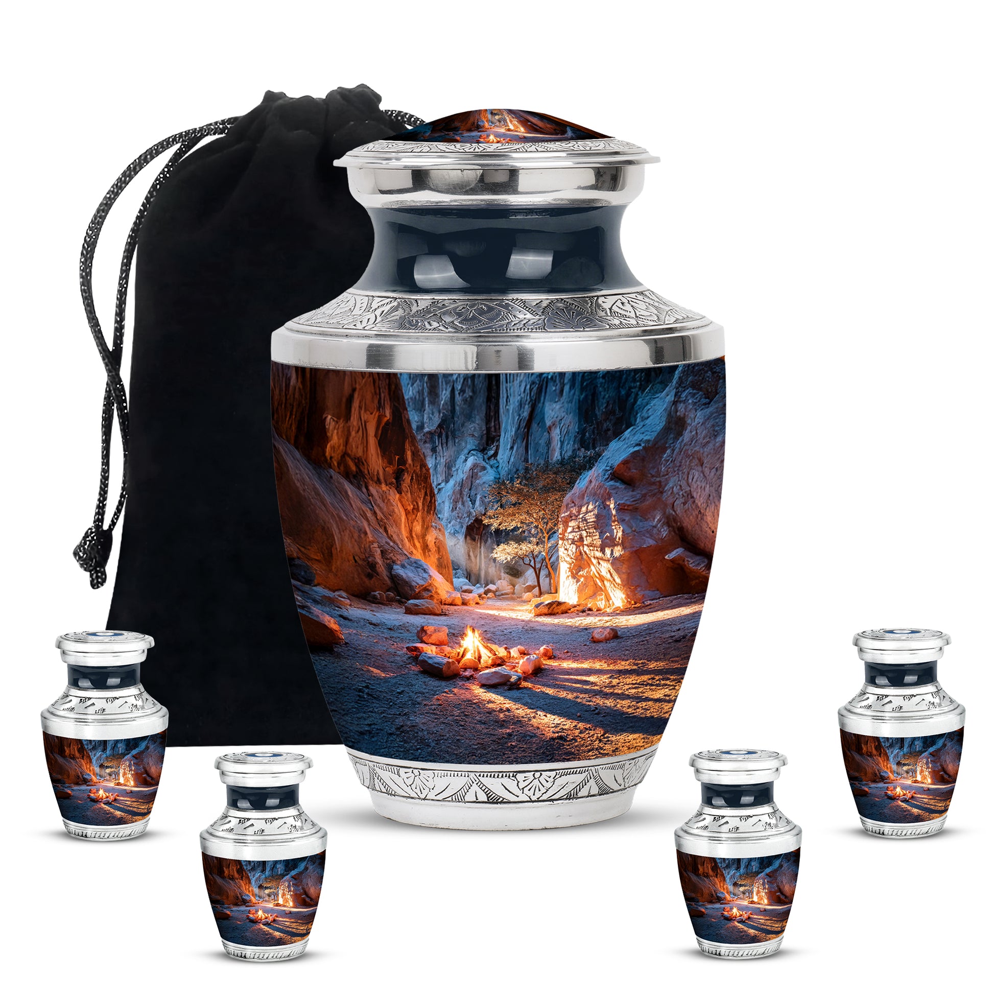 Azure Campfire Cremation Urn lifestyle display on memorial shelf - contemporary campfire design with modern artistic flair - memorial set with one large and four small urns