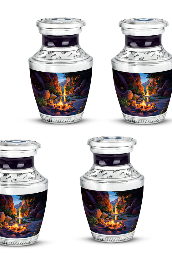 Bright Blue Campfire Cremation Urn back view with polished surface - artistic campfire interpretation with creative detail - 10 inch aluminum urn for cremated remains