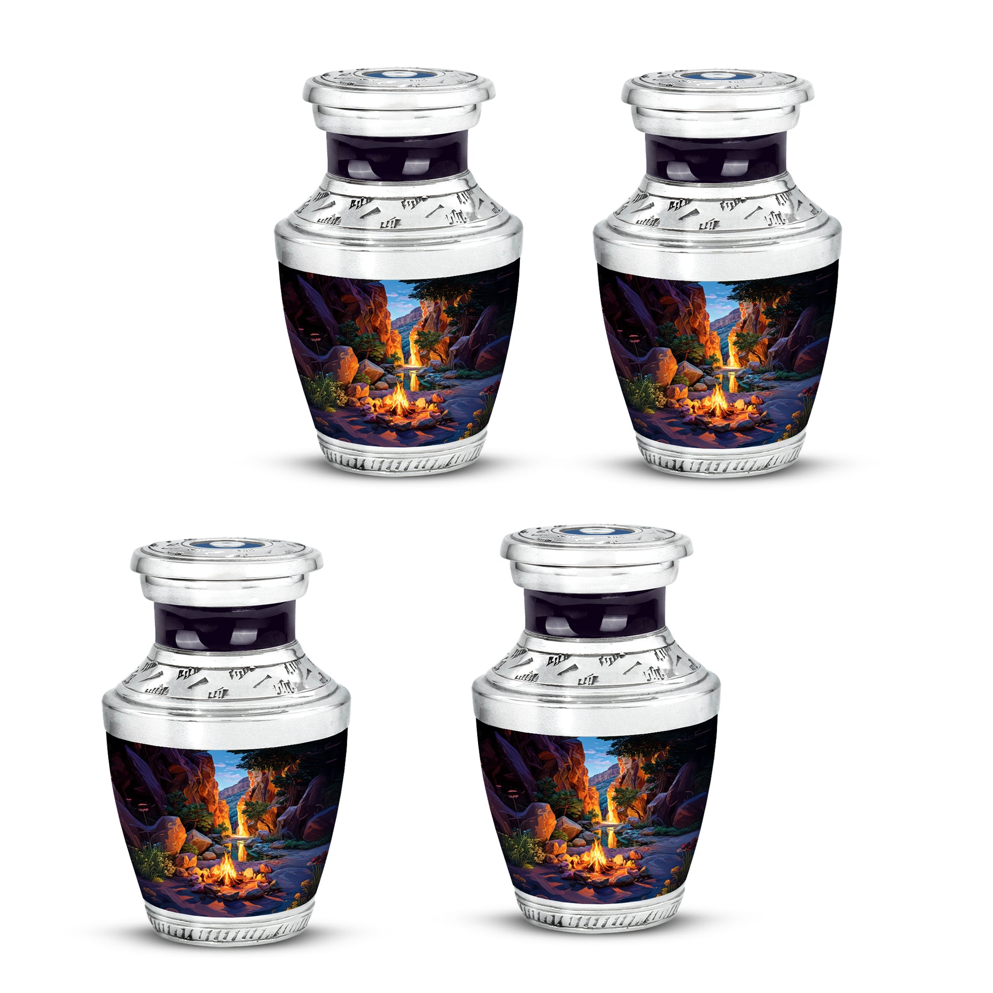 Bright Blue Campfire Cremation Urn back view with polished surface - artistic campfire interpretation with creative detail - 10 inch aluminum urn for cremated remains