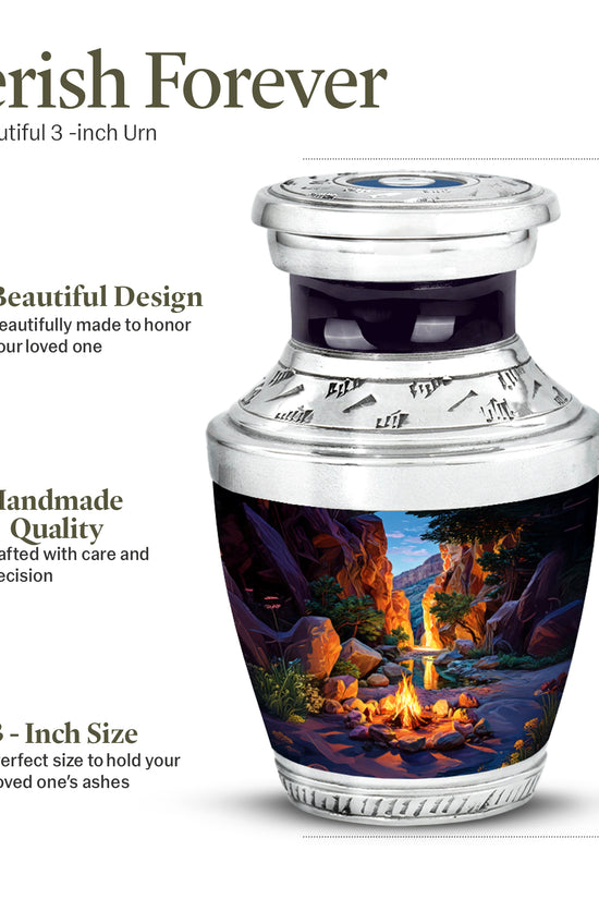 Cornflower Blue Campfire Cremation Urn top-down view of secure threaded lid - artistic campfire interpretation with creative detail - mini keepsake memorial for portion of cremation ashes