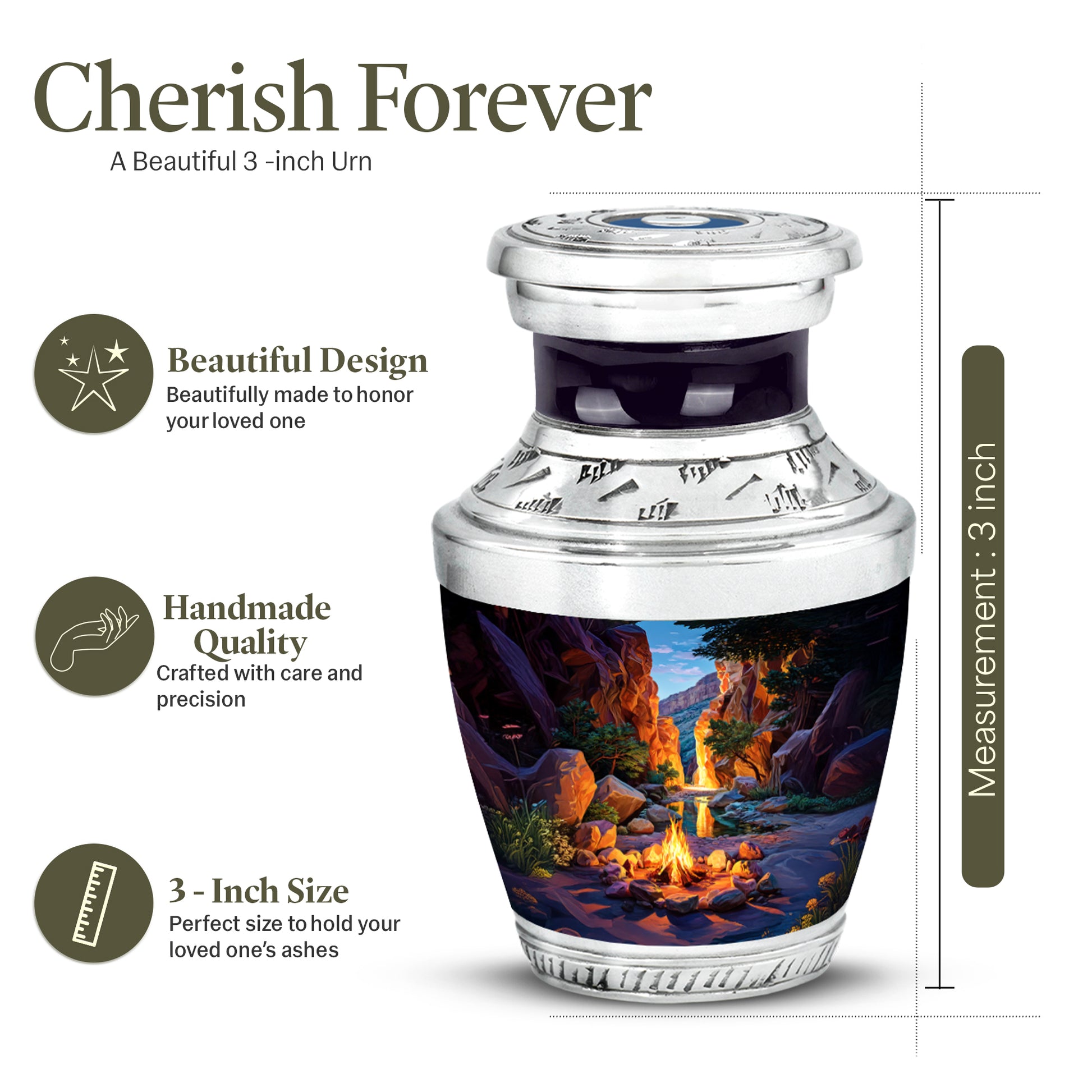 Cornflower Blue Campfire Cremation Urn top-down view of secure threaded lid - artistic campfire interpretation with creative detail - mini keepsake memorial for portion of cremation ashes